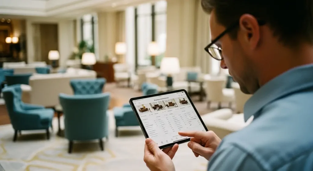A guy collecting information of the furniture in his AI-Powered software
